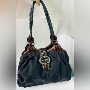 Y2K style Brighton nylon and leather shoulder bag, reptile and cheetah print